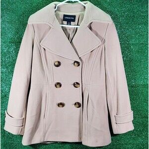 LONDON FOG Women’s Medium Tan Double Button Hip Length Trench Peacoat Wool Beige